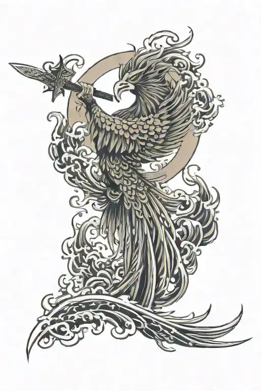 a phoenix holding a sword and heading towards the sun tattoo design idea