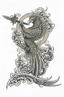 a phoenix holding a sword and heading towards the sun tattoo design idea