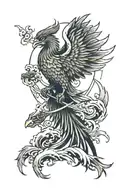 a phoenix holding a sword and heading towards the sun tattoo design idea