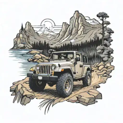 A Jeep J10 off-roading through rugged terrain with a scenic mountain backdrop tattoo design idea