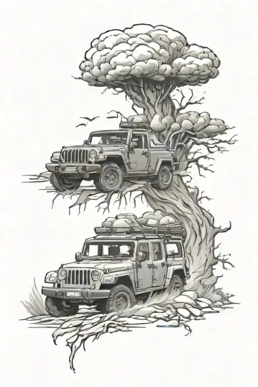tornado with a jeep gladiator in wilderness tattoo design idea