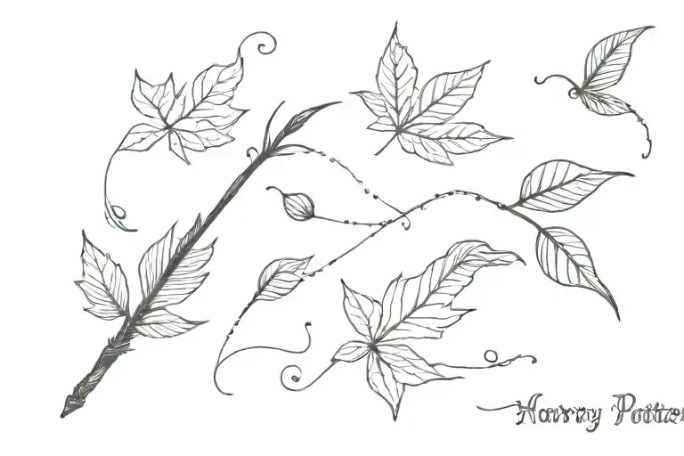 Harry Potter Wand and i would like to have some leaves from the autumn falling down and maybe some wind tattoo design idea