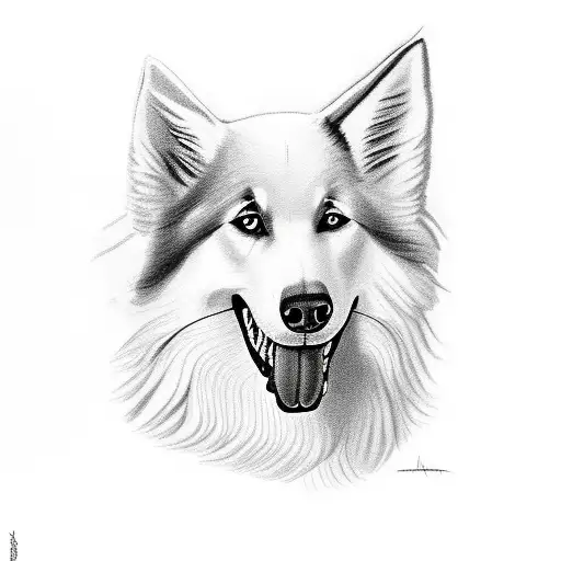 white swiss shepherd profile look forward hold ball in teeth cartoon tattoo design idea