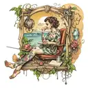 A whimsical daydreaming scene with elements of acting and writing intertwined tattoo design idea