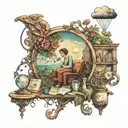 A whimsical daydreaming scene with elements of acting and writing intertwined tattoo design idea