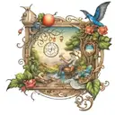 A whimsical daydreaming scene with elements of acting and writing intertwined tattoo design idea