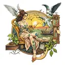 A whimsical daydreaming scene with elements of acting and writing intertwined tattoo design idea