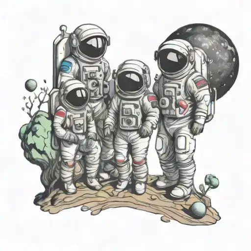 A family of astronauts exploring a colorful alien planet tattoo design idea