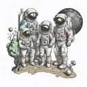 A family of astronauts exploring a colorful alien planet tattoo design idea