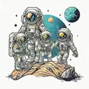 A family of astronauts exploring a colorful alien planet tattoo design idea