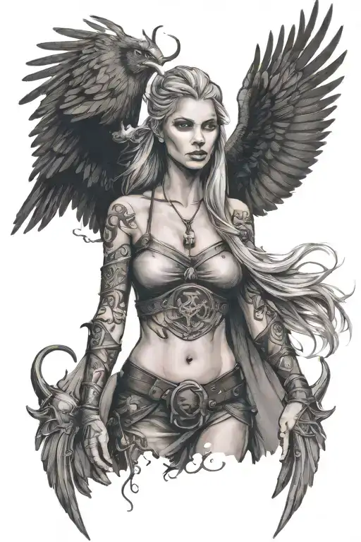 sexy Viking woman with ravens flying around, with a Viking symbol on her chest  tattoo design idea