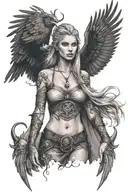 sexy Viking woman with ravens flying around, with a Viking symbol on her chest  tattoo design idea