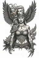 sexy Viking woman with ravens flying around, with a Viking symbol on her chest  tattoo design idea