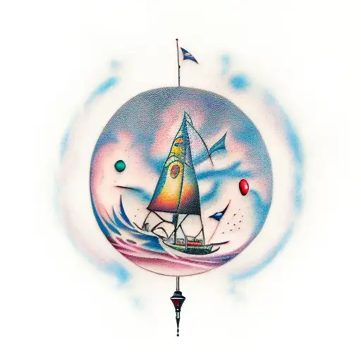 A surreal painting palette with brushes floating in the sky tattoo design idea