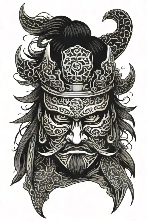 On a black background, half the face of a samurai is depicted in a traditional mask, the other half of the face in a balaclava. tattoo design idea