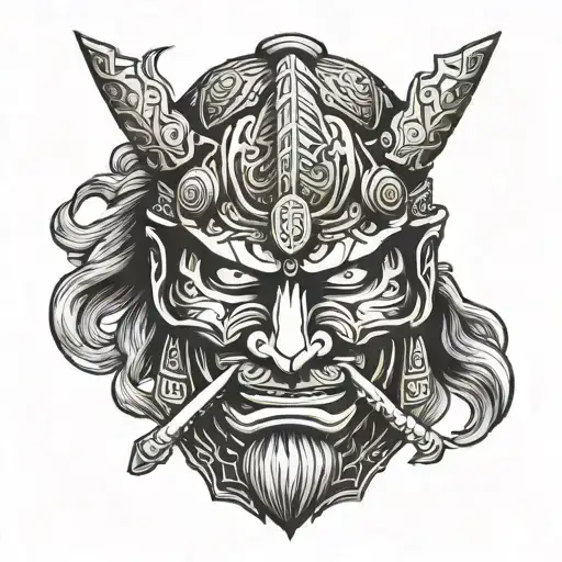 Half the face of a samurai in a traditional mask is depicted on a black background. The mask is made in gray and black tones tattoo design idea