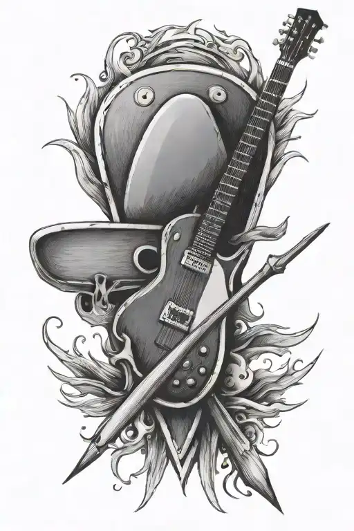 guitar pick on top of crossed drumsticks tattoo design idea