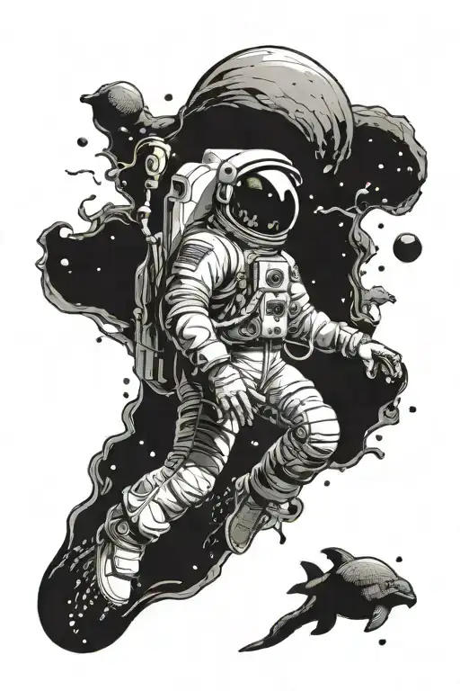 astronaut floating in space but it's under water with deep sea creature aliens tattoo design idea