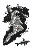 astronaut floating in space but it's under water with deep sea creature aliens tattoo design idea