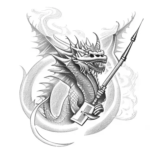 Russian firefighter battling a mythical fire-breathing dragon tattoo design idea