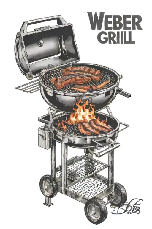 a weber grill with some flames coming through the grates and meat on it tattoo design idea