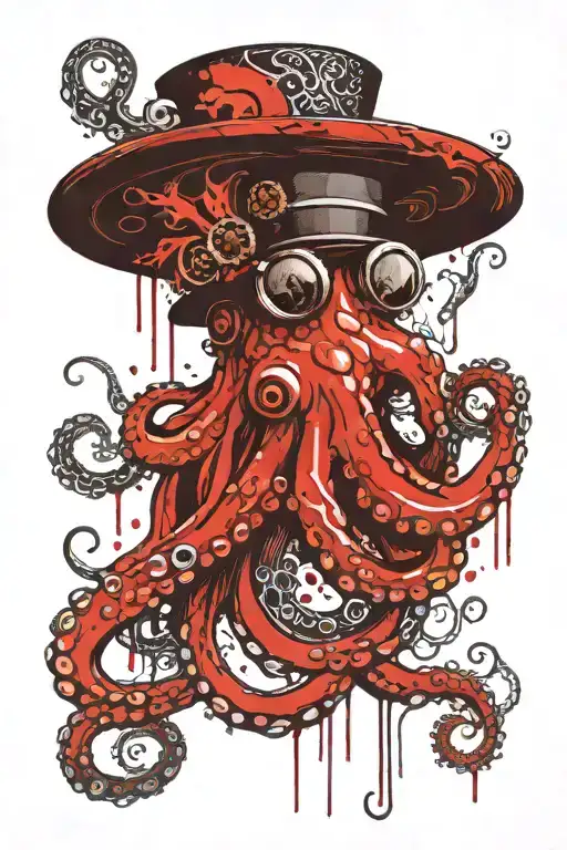 octopus with tentacles straight down wearing a top hat tattoo design idea