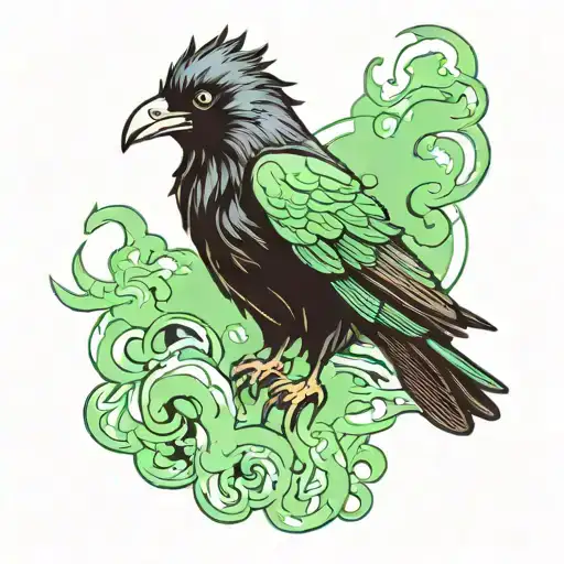 Raven with green eyes and green smoke rising tattoo design idea