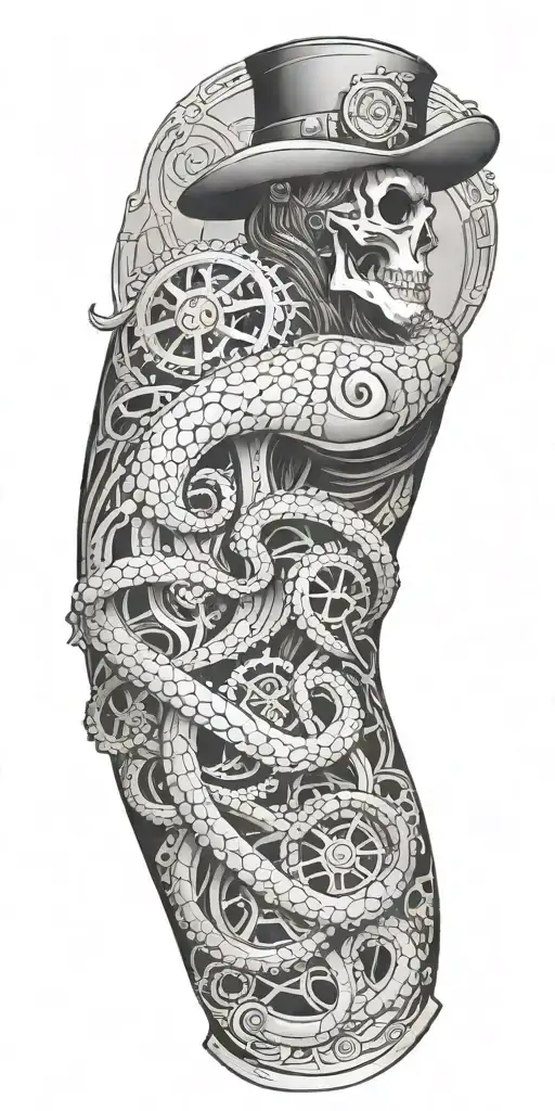 a steampunk sleeve with separate octopus and raven  tattoo design idea