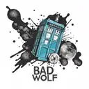 Create a tattoo of a Tardis with the words Bad Wolf below it and some ink splatters and a dalec in the background tattoo design idea