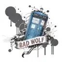 Create a tattoo of a Tardis with the words Bad Wolf below it and some ink splatters and a dalec in the background. tattoo design idea