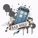 Create a tattoo of a Tardis with the words Bad Wolf below it and some ink splatters and a dalec in the background. tattoo design idea