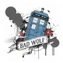 Create a tattoo of a Tardis with the words Bad Wolf below it and some ink splatters and a dalec in the background. tattoo design idea