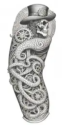 a steampunk sleeve with separate octopus and raven  tattoo design idea