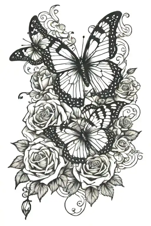 roses butterflies flying tattoo design idea