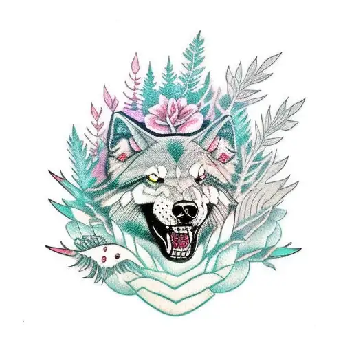 Lobo saindo de uma floresta no escurecer da noite. tattoo design idea