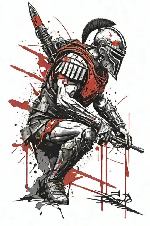 scars lines spartan soldier holding spear and shield black red tattoo tattoo design idea