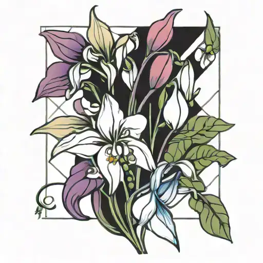 sweet pea and snowdrop flower colorful bold lines tattoo design idea