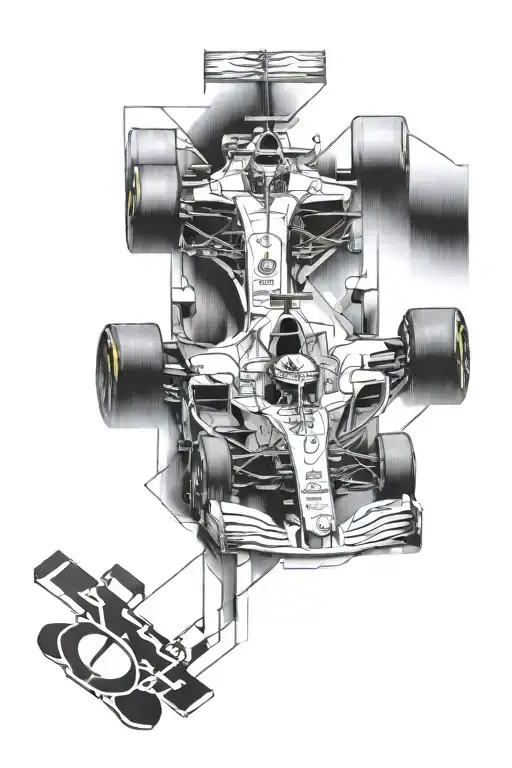 A tattoo design featuring Lewis Hamilton's Formula 1 car merging with elements of coding symbols tattoo design idea