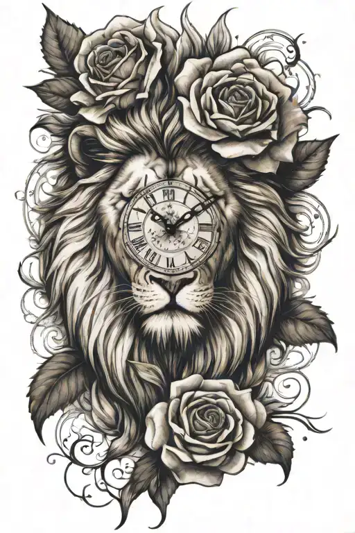 lion head rose clock tattoo design idea