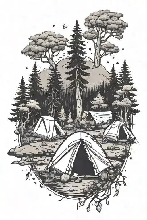 A camping scene with a self love mantra hidden in the trees tattoo design idea