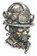 A firefighter's helmet with a serene landscape inside, symbolizing the balance between the chaos of firefighting and mental peace tattoo design idea