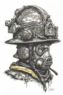 A firefighter's helmet with a serene landscape inside, symbolizing the balance between the chaos of firefighting and mental peace tattoo design idea