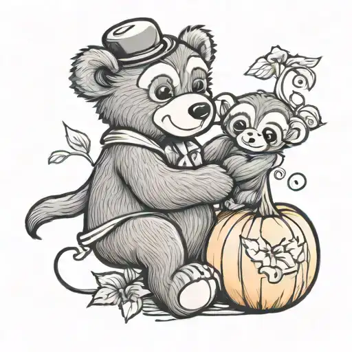 teddy bear holding a baby monkey with a pumpkin patch tattoo design idea