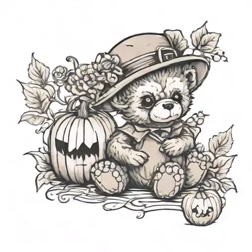 teddy bear holding a baby monkey with a pumpkin patch tattoo design idea