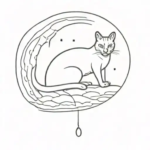 Linework outline of a cat rolled into a ball overlayed onto the moon tattoo design idea