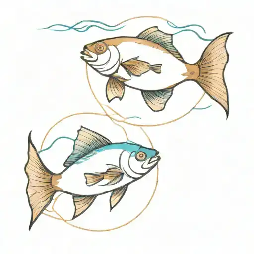 two identical fish swimming in a circle one after another, one with blue watercolor, the other with brown tattoo design idea