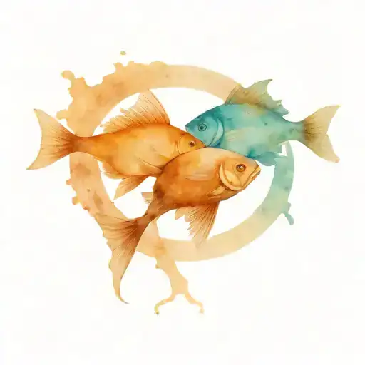 two identical fish swimming in a circle one after another, one with blue watercolor, the other with brown tattoo design idea