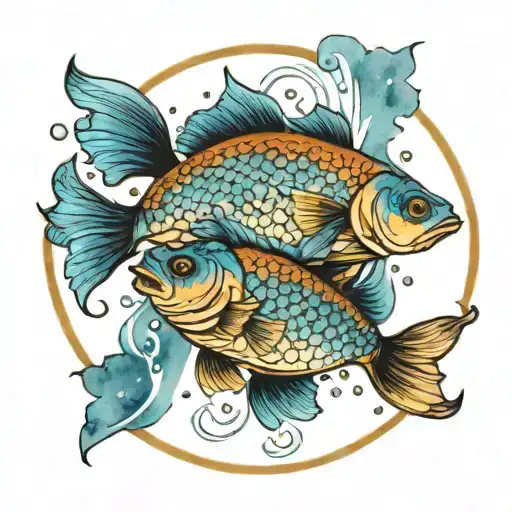 two identical fish swimming in a circle one after another, one with blue watercolor, the other with brown tattoo design idea
