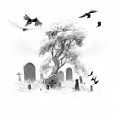 cemetery with crows and death with a scythe tattoo design idea