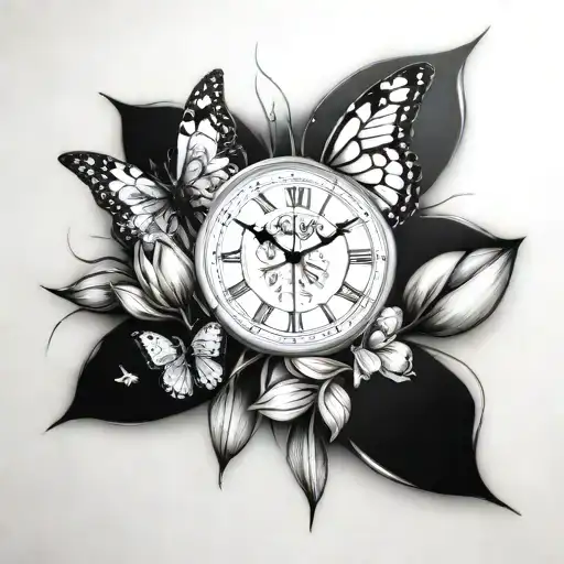 Sea Clock Tulips Butterflies Cross tattoo design idea